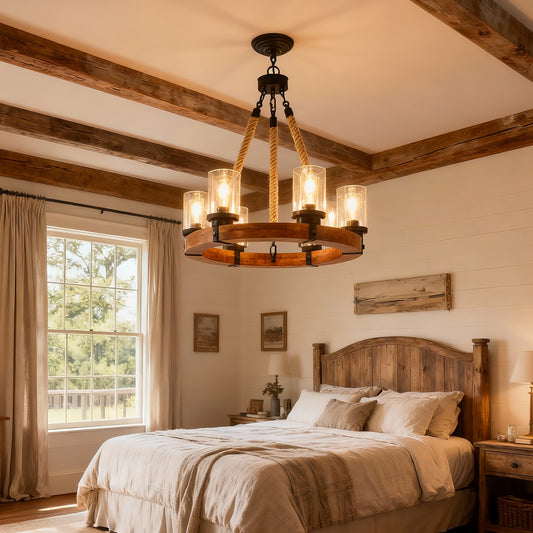 Rustic 6-Light Wagon Wheel Chandelier, Farmhouse Chandeliers