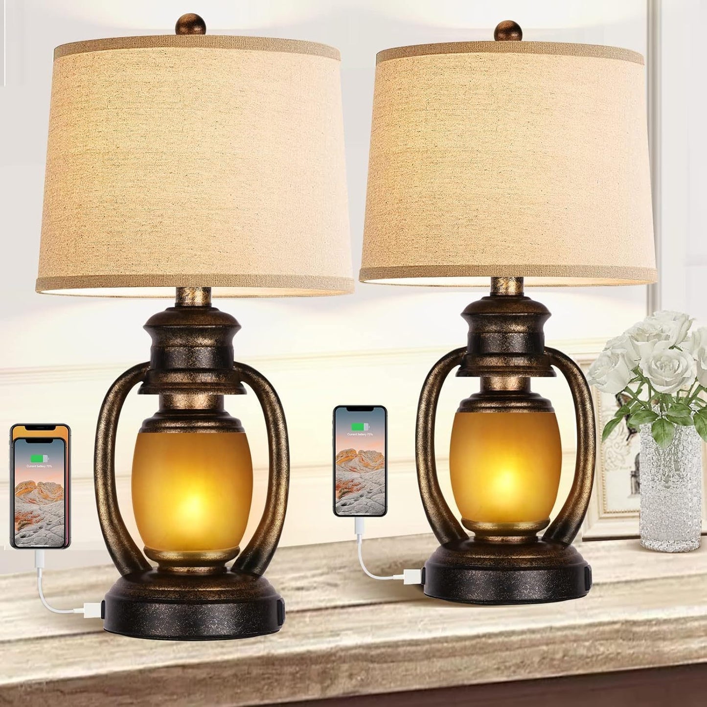 Rustic Living Room Farmhouse USB Lamps (Set of 2)