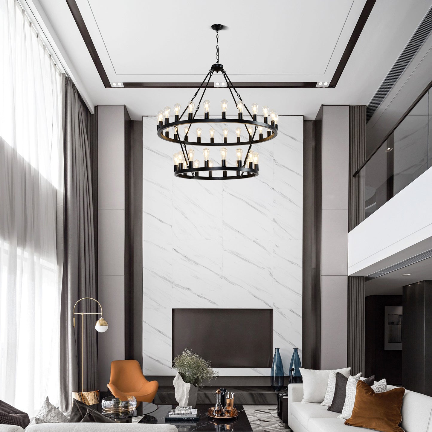 36-Lights 2-Level Matte Black Wagon Wheel Chandelier (24+12)