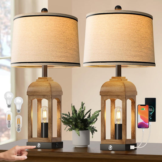 Living Room Farmhouse Style Lamps Set of 2 with USB A+C