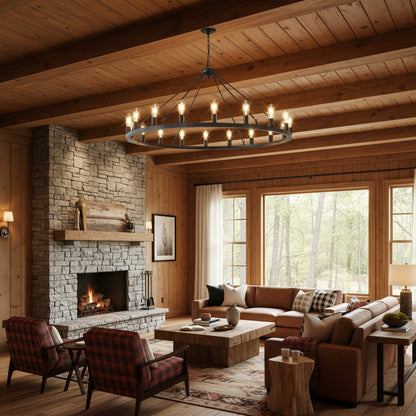 Living room with a modern chandelier, white sofa, and decorative elements.