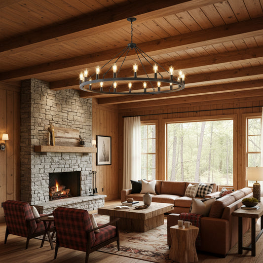 Living room with a modern chandelier, white sofa, and decorative elements.