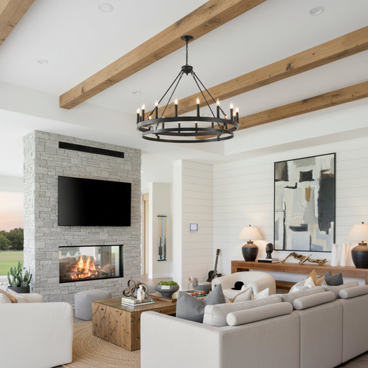 Modern living room with a chandelier, TV, fireplace, and sofa.